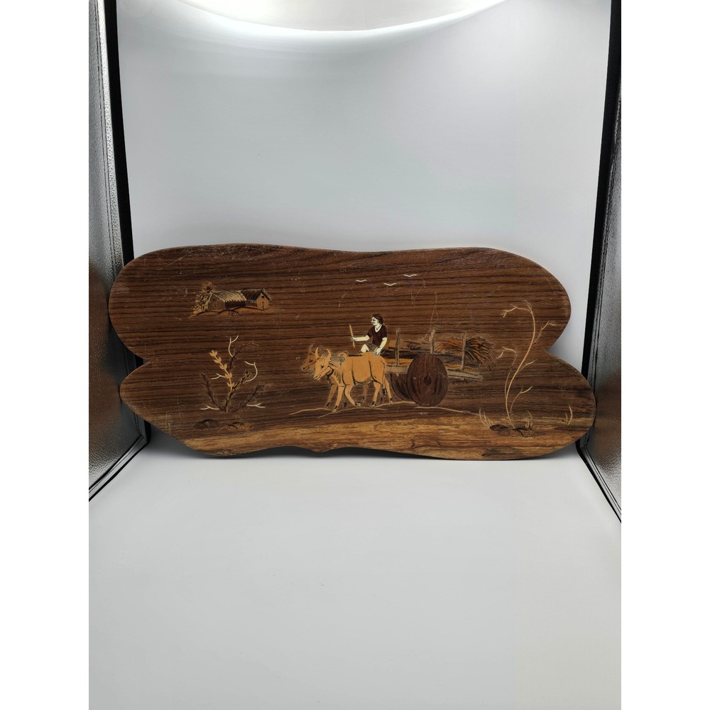 Vintage Wood Inlay‎ Scene Ox Cart Farmer Rustic Farmhouse Decor